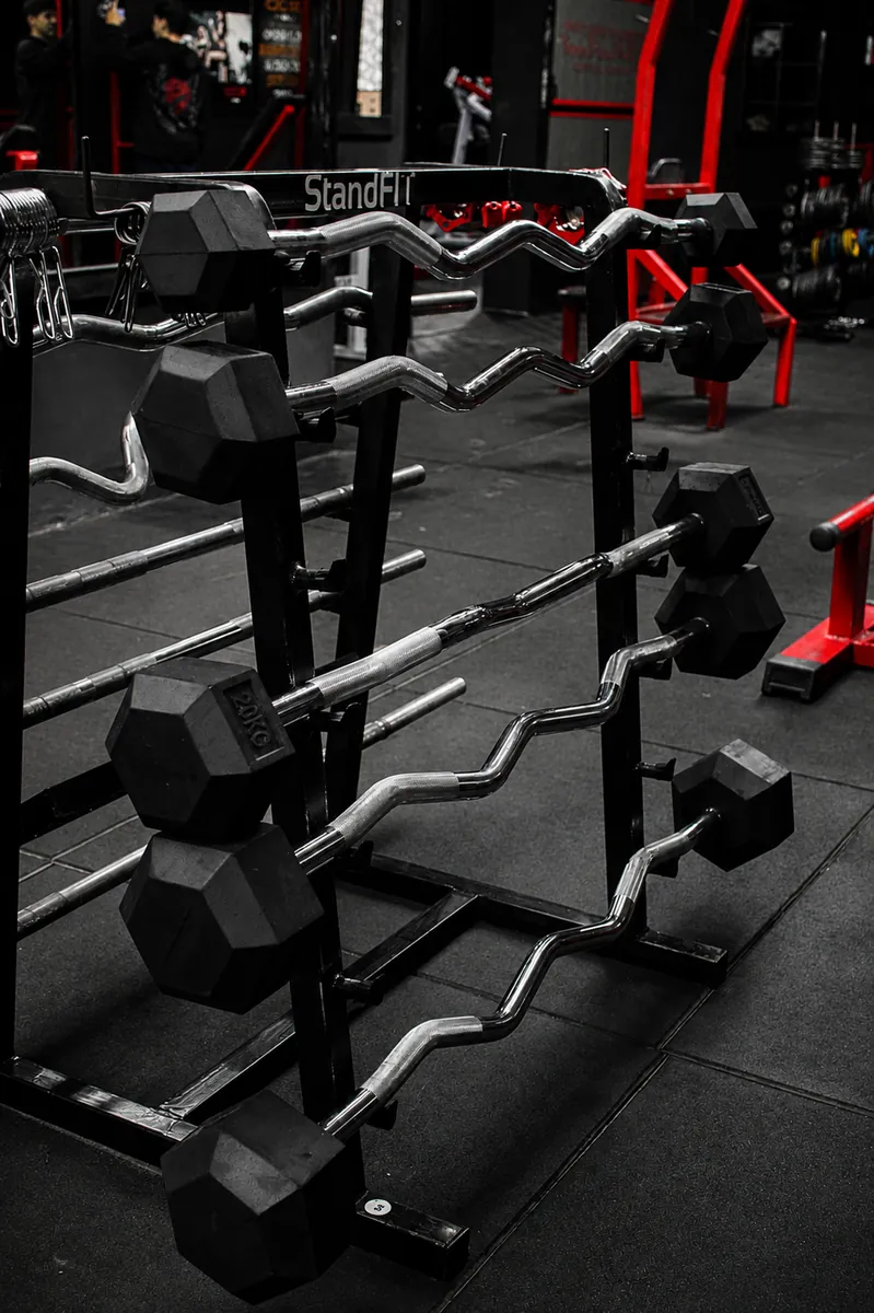 Soporte StandFit con barras Z y mancuernas