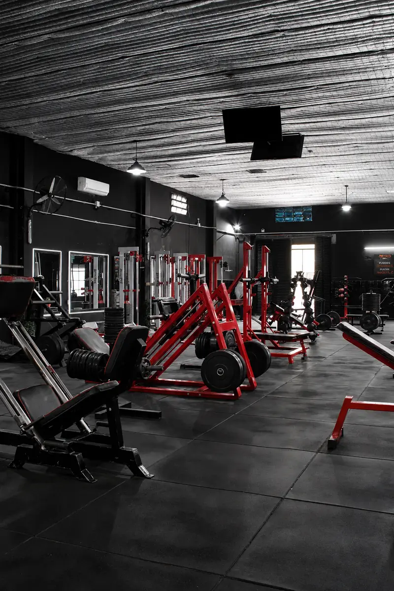 Hilera de máquinas de musculación cargadas con discos